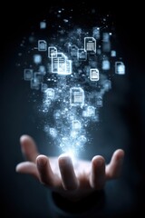 Hand With Glowing Floating Digital Documents Symbolizing File Sharing and Data Management