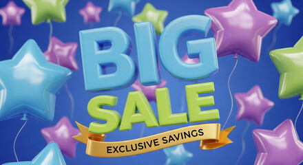 Image of big sale text with star balloon on blue backdrop, symbolizing promotion and discount. Golden ribbon showing exclusive saving offer