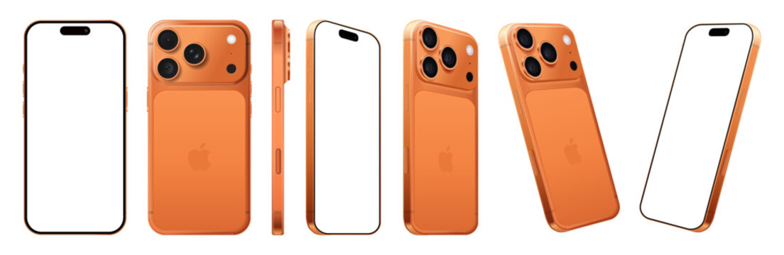 Set of Smart phone Apple iPhone 17 Pro Max in different sides, in official Cosmic Orange