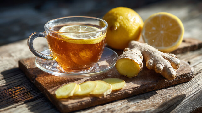 Hot lemon ginger tea on rustic board with fresh citrus and sliced root, cozy wellness drink - Powered by Adobe