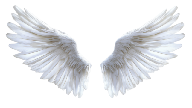 Beautiful white angel wings on display against a simple white background.