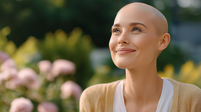 Outdoor recovery scene, bald woman smiling, sunny garden setting, cancer patient healing, hope-filled moment, nature therapy benefit, peaceful recovery journey, defocused natural b