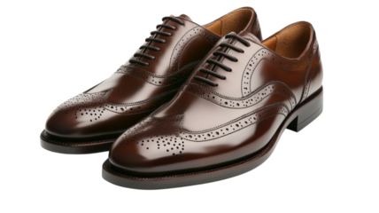 Elegant brown leather dress shoes with brogue detailing for formal occasions and business wear.
