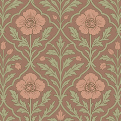 Vintage Arts and Crafts Floral Pattern Seamless Wallpaper Design Sage Green Salmon