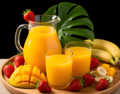Fresh tropical fruit juice served in a glass pitcher with mango and strawberries