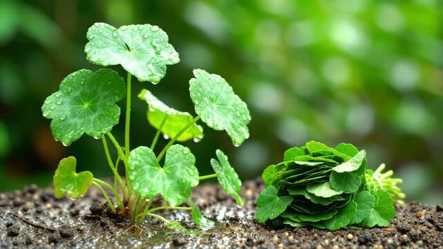 Gotu kola a medicinal herb is shown closeup in damp soil with lush foliage and water droplets set against a blurred green backdrop