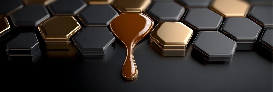 Elegant Abstract Design Featuring Geometric Shapes and Liquid Forms on a Dark Honey Background
