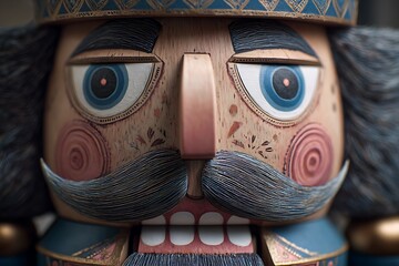 A detailed shot of a Nutcracker's face, showcasing the hand-painted details, kind eyes, and bushy mustache