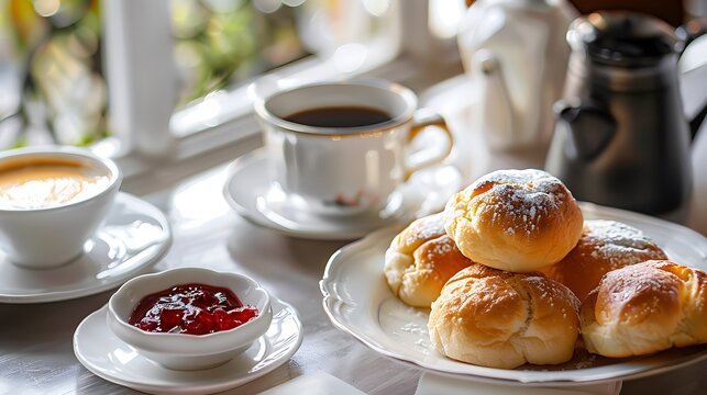 A delightful breakfast scene featuring coffee buns and jam on a bright table setting indoors