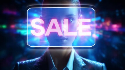 A captivating visual experience highlighting a striking model set against a dynamic, colorful background, featuring the word 'SALE' prominently displayed to draw attention.