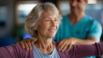 Physiotherapy exercise session, cancer recovery support, compassionate therapist guiding, mature woman treatment, arm-raising movement, hope resilience fostering, faceless therapis