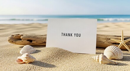 Thank You Card on Beach Sand with Seashells and Driftwood
