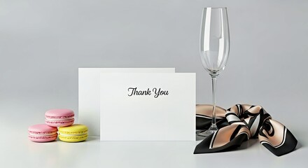 Thank You Card with Champagne and Macarons Luxury Flat Lay