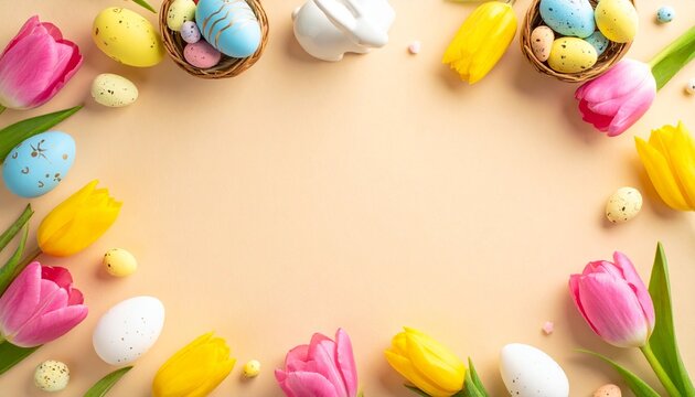 Delightful Easter background featuring vibrant tulips, painted eggs, and a charming bunny, perfect for springtime greetings and cheerful holiday promotions