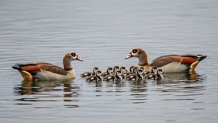 Egyptian Goose Family Swimming Together in a Lake.