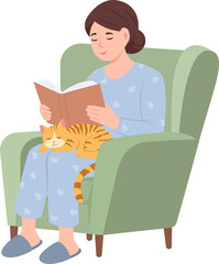 Woman reading book at home. Happy female character resting in comfy sofa with book and cat pet. Book lovers, readers, modern literature lover. Vector Isolated