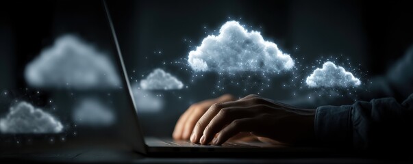 Hands typing on laptop with cloud icons and glow representing cloud storage and digital data