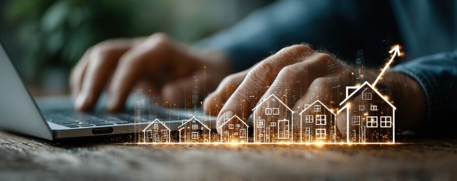 Person typing on a laptop as glowing holographic growth chart rises above a city skyline