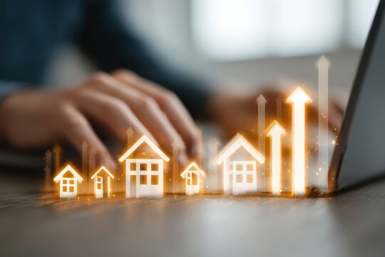 Person typing on a laptop with upward arrows and glowing digital growth icons - Powered by Adobe