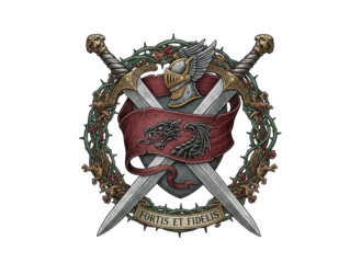 Medieval Crest with Crossed Swords Dragon Banner Wreath and Helmet Pixel Art Style