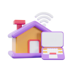 A colorful 3D rendering of a house with a computer and wireless signal, an icon for smart home technology, real estate, and working from home