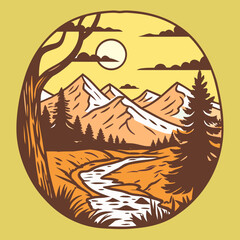 Sunset Mountain Landscape in Circular Vintage Style