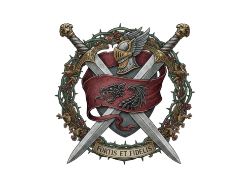 Medieval Crest with Crossed Swords Dragon Banner Wreath and Helmet Pixel Art Style