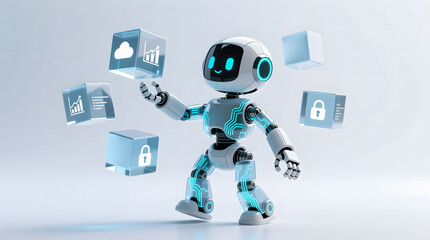 Cute robot carefully organizing floating data cubes, visualizing complex database management and structure  isolated on white.