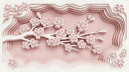 Elegant 3D Paper Cut Blossom Branch on Pink Background.