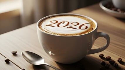 A closeup of a white coffee cup with 2026 in its foam, on a wooden table with coffee beans and a spoon, symbolizing new year, future, and fresh start