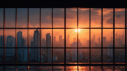 Stunning orange sunset over vibrant cityscape viewed through modern office windows, creating an inspirational and peaceful atmosphere, perfect for corporate branding