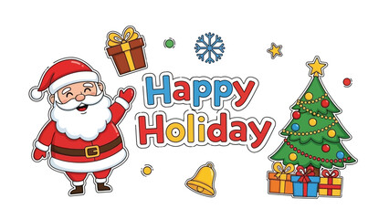 Vibrant Happy Holiday Greeting Illustration with Waving Santa Claus, Decorated Christmas Tree, and Festive Gifts – Ideal for Seasonal Celebrations and Event Designs
