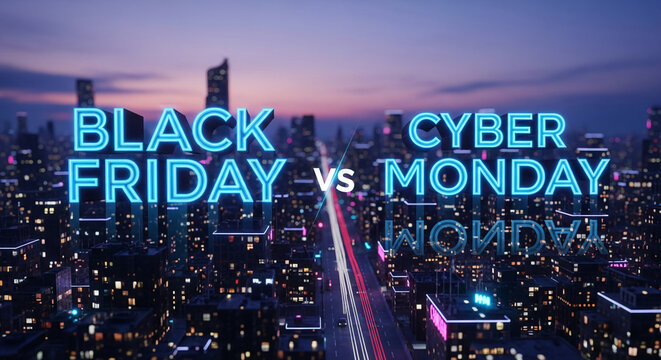 Night cityscape featuring neon words "Black Friday vs Cyber Monday", reflecting in a street. Representative of holiday shopping sales season - Powered by Adobe