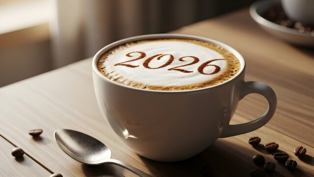 A closeup of a white coffee cup with 2026 in its foam, on a wooden table with coffee beans and a spoon, symbolizing new year, future, and fresh start