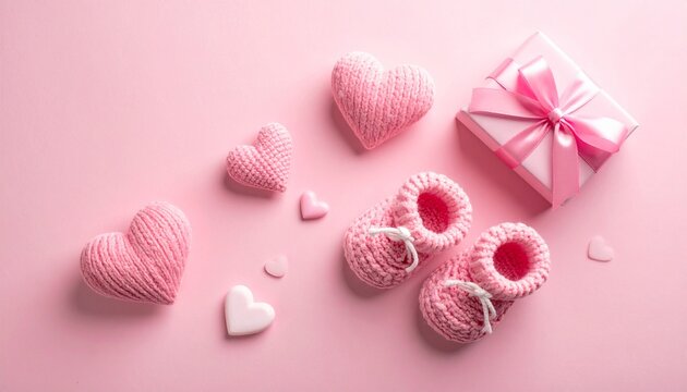 Adorable pink baby booties and hearts, perfect for baby shower invitations, heartfelt announcements, or charming nursery decor with a sweet, loving touch