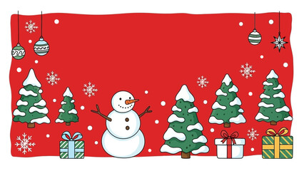 A whimsical winter holiday banner illustration with a cheerful snowman, snow-covered fir trees, and presents on a red background