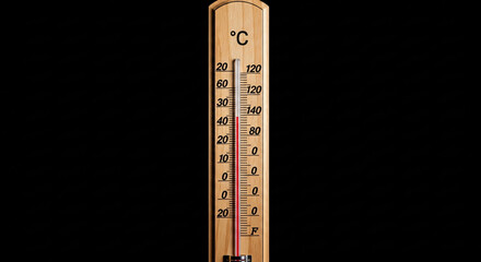 Close up of a thermometer with celsius and fahrenheit scales against a black background showing temperature
