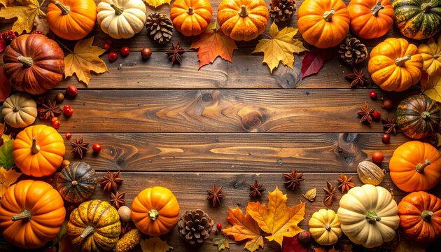 Warm autumn harvest scene with vibrant pumpkins and colorful leaves on rustic wood, perfect for Thanksgiving cards, seasonal promotions, and cozy fall designs