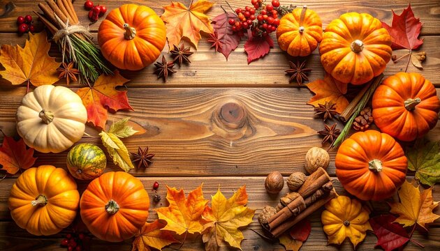 Delightful pumpkins and autumn leaves create a warm Thanksgiving centerpiece arrangement on rustic wood, perfect for fall harvest celebrations and cozy seasonal promotions