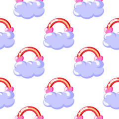 Seamless pattern with valentine rainbow, pink heart and cloud on white background in flat style. Design for children textile, wallpaper wrapping paper or nursery decoration design.