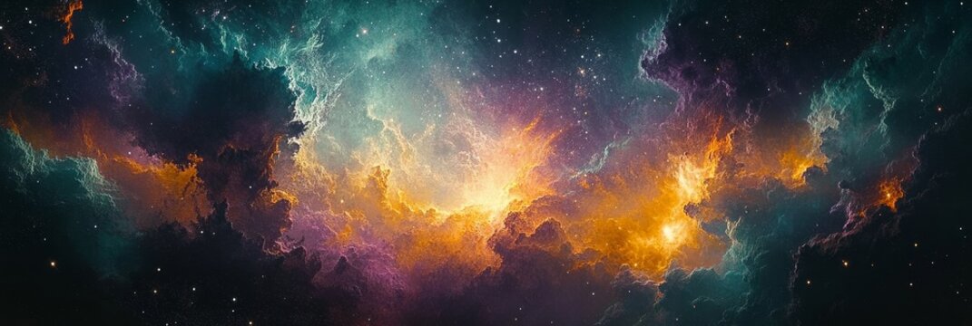 Vast Cosmic Symphony A Multicolored Nebula, Twinkling Stars, and Emerald Green Colors in Space