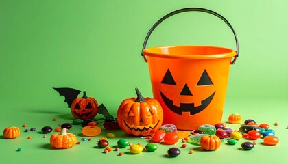 Get Spooky with Halloween Treats! Jack-o'-lantern bucket with candy and decorative pumpkins for your festive design needs, perfect for invitations, banners, and social media campaigns