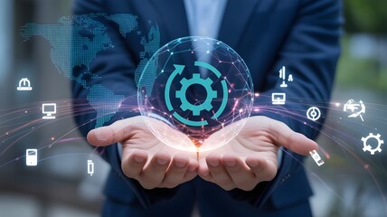 Man holding a glowing digital sphere with gears and icons representing technology and business