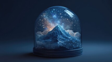 Explore a winter wonderland mountain scene inside a snow globe with a dreamy galaxy sky, a perfect gift for holiday magic and serene escape that captures imagination and wonder