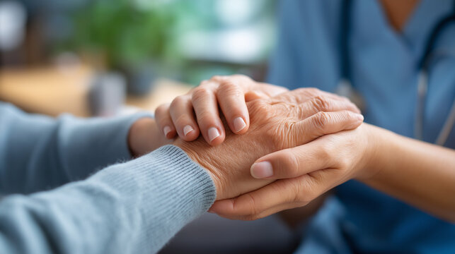 Caregiver support moment, patient hand holding, recovery loss compassion, senior care checkup, retirement home setting, kindness empathy display, faceless nurse comforting, defocus