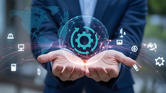 Man holding a glowing digital sphere with gears and icons representing technology and business