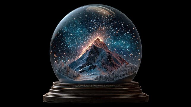 Stunning mountain landscape inside magical snow globe with glowing stars, perfect for Christmas, winter holidays, fantasy concepts, and whimsical decorations