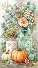 Beautiful autumn arrangement of flowers and pumpkins.