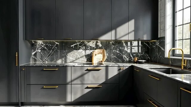 Elegant dark kitchen interior with marble backsplash matte cabinetry golden fixtures and dramatic daylight shadows creating refined modern residential space