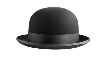 A black bowler hat is placed on a smooth surface, highlighted by soft light that enhances its rounded shape.